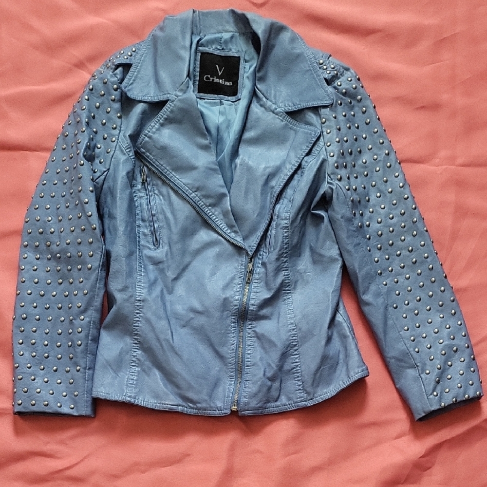 V Cristina Light Blue Studded Leather Jacket